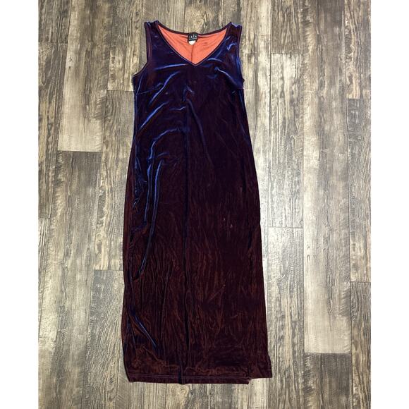 Vintage Velvet Slip dress Maxi Blue Red Large 90’s Y2K Psychedelic Stretchy - Picture 1 of 7